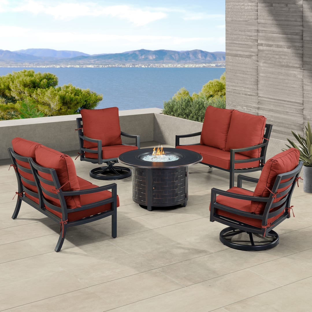 Black Aluminum Patio Fire Table Set with Two Deep Seating Loveseat with Cushions and Two Club Chairs