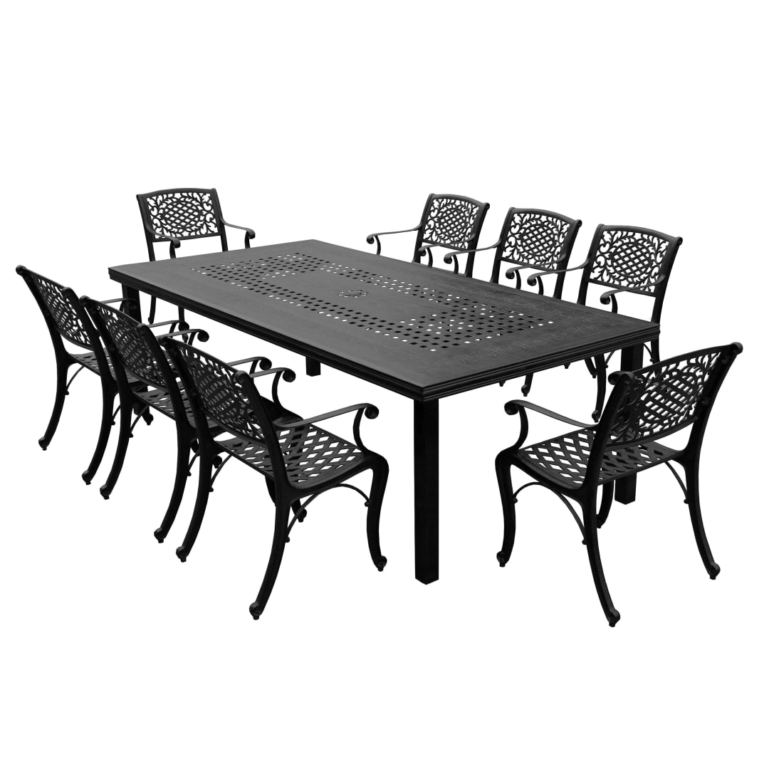 Modern Outdoor Mesh Lattice Aluminum 95-in Black Large Rectangular Patio Dining Set with Eight Arm Chairs