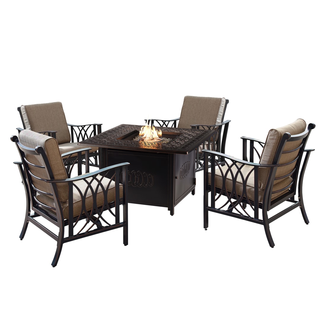Aluminum 42-in Square Antique Copper Fire Table Set with Four Deep Seating Rocking Chairs, Fire Beads, Lid, Propane Tank Cover and Table Fabric Covers