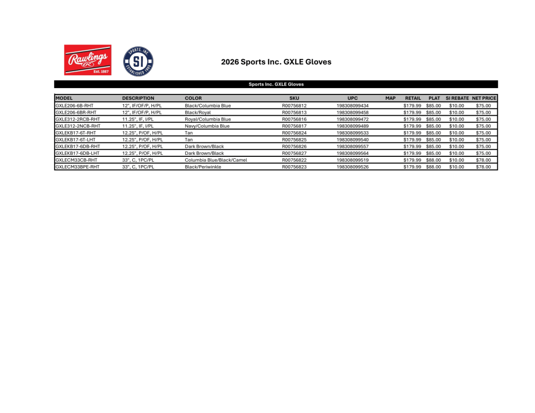 15. 2026 Sports Inc GXLE Gloves Pricelist