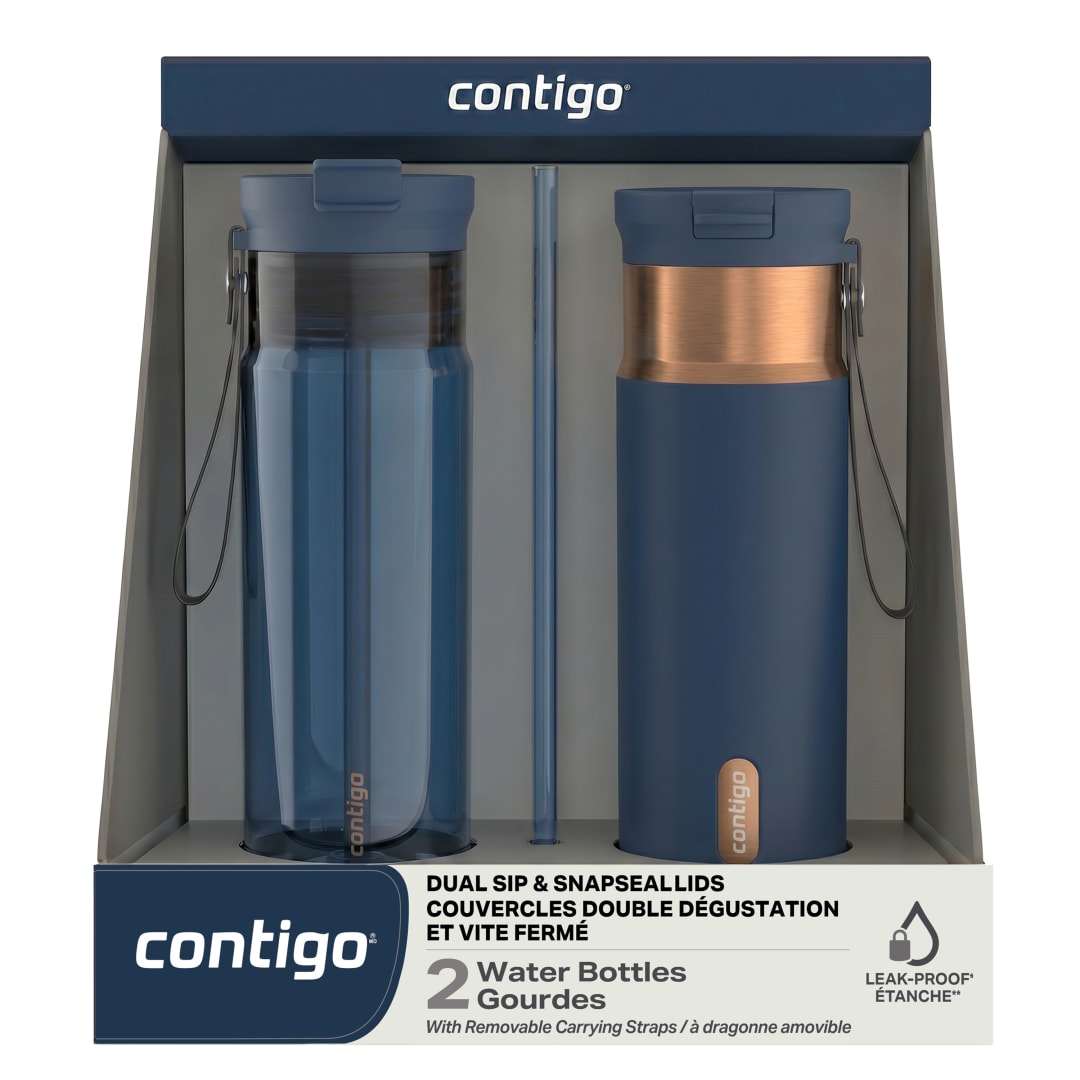 Contigo SnapSeal & DualSip Water Bottles, 24 oz Stainless Steel & 28 oz Tritan Water Bottle Set, Abyss, 2-Pack
