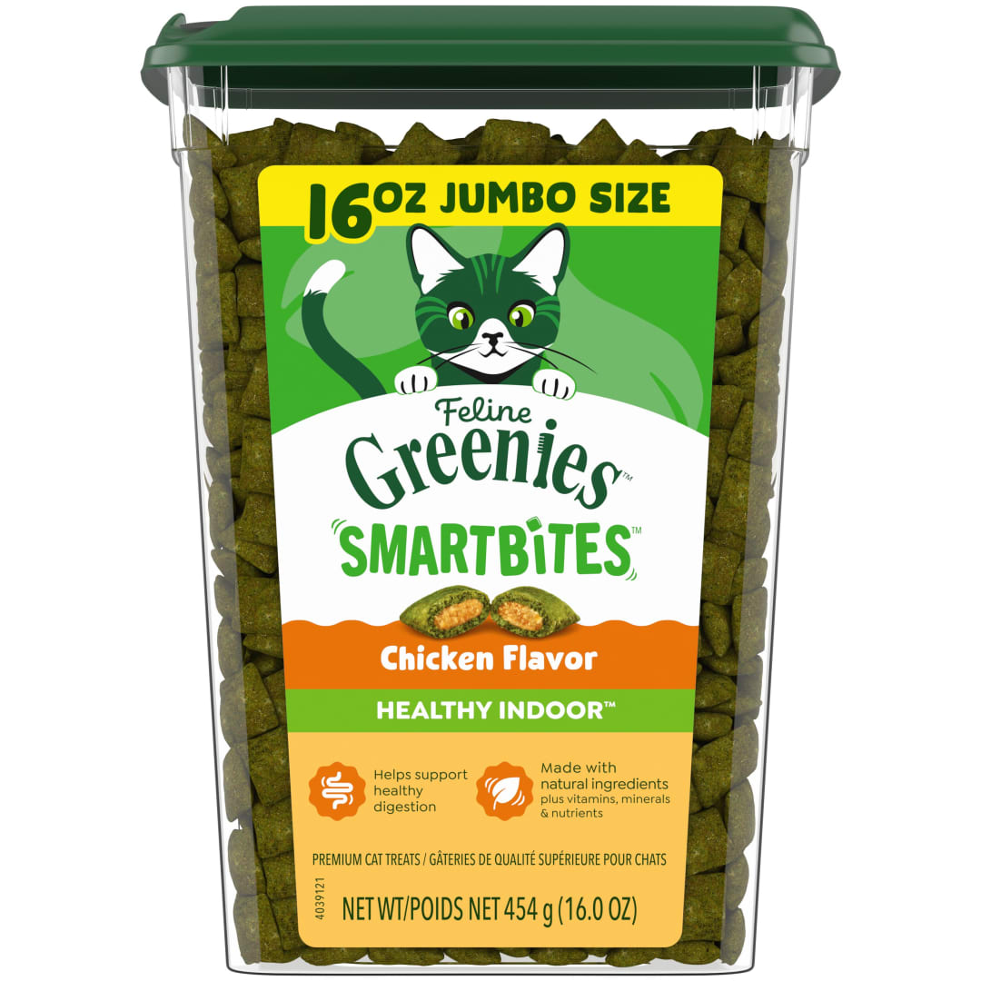 FELINE GREENIES SMARTBITES HEALTHY INDOOR Natural Treats for Cats, Chicken Flavor, 16 oz. Tub