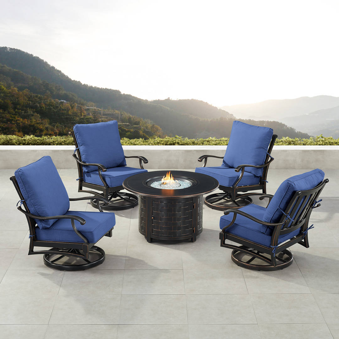 Black Aluminum Patio Fire Table Set with Four Club Chairs