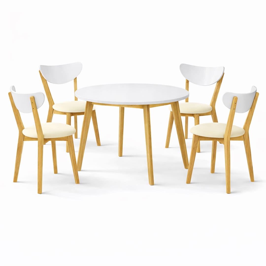 Modern 5-Piece 40.5 Inch Round Dining Set, White/Natural Finish with Beige Polyester Upholstered Chairs, Solid Rubberwood