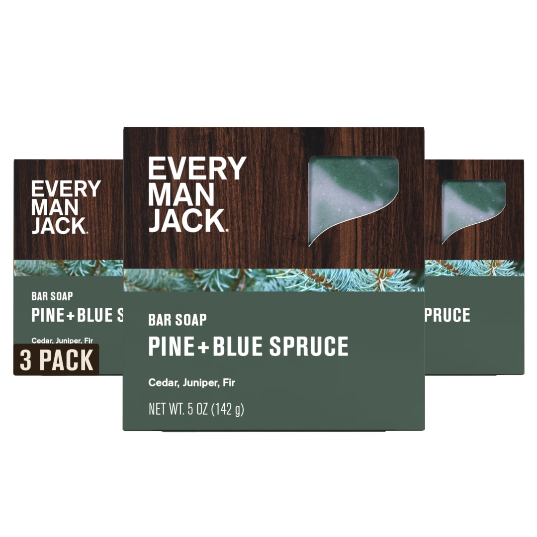 Every Man Jack Cold Processed Mens Bar Soap - Pine + Blue Spruce Scent - Deeply Cleans & Hydrates w/ Naturally Derived Ingredients - (3 Pack)