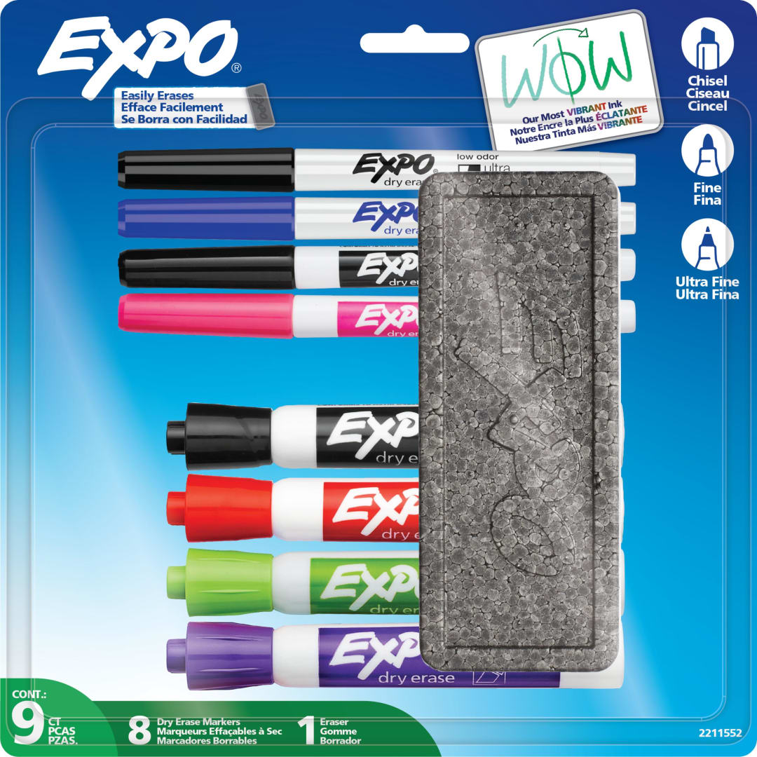 Ensemble de marqueurs effaçables à sec EXPO, marqueurs à pointe fine et biseautée, couleurs variées, efface, 9 unités