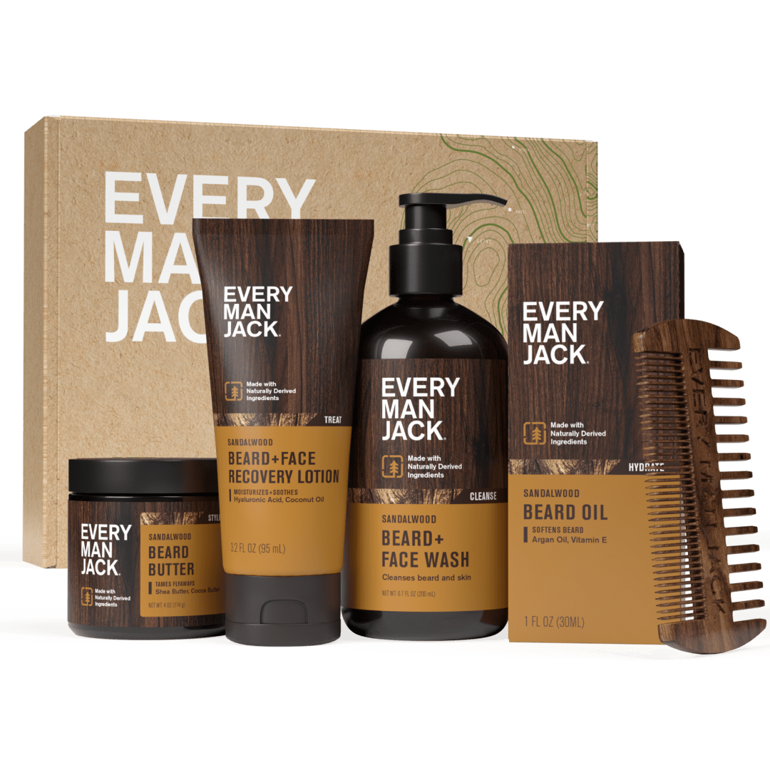 Every Man Jack Beard Essentials Gift Set for Men – Complete Routine with 5 Full-Size Essentials – Sandalwood Scent - Beard & Face Wash, Lotion, Oil, Butter & Comb