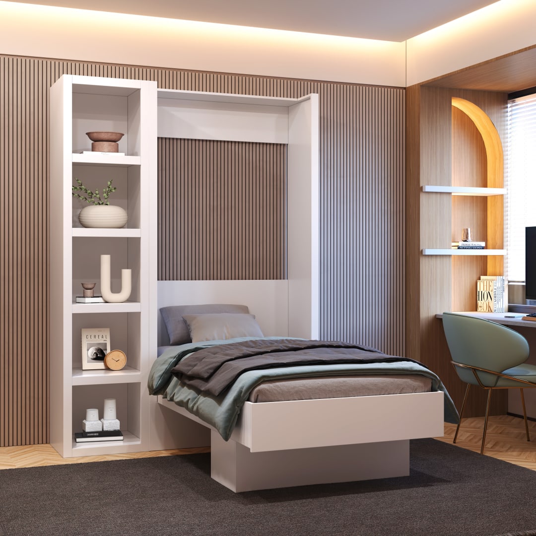 Easy-Lift Twin Murphy Wall Bed in White with Bookshelf