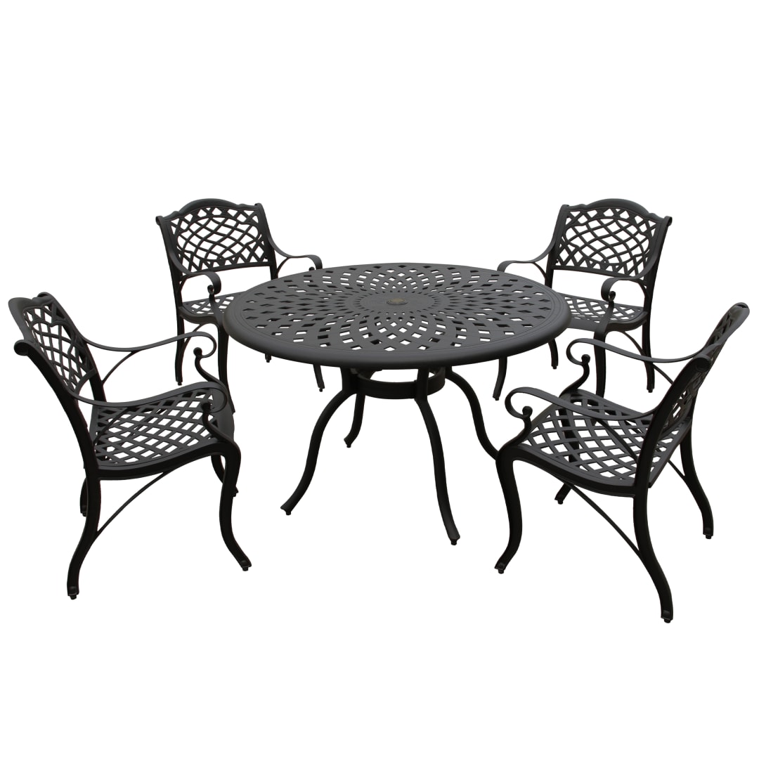 Modern Ornate Outdoor Mesh Aluminum 48-in Black Round Patio Dining Set with Four Chairs