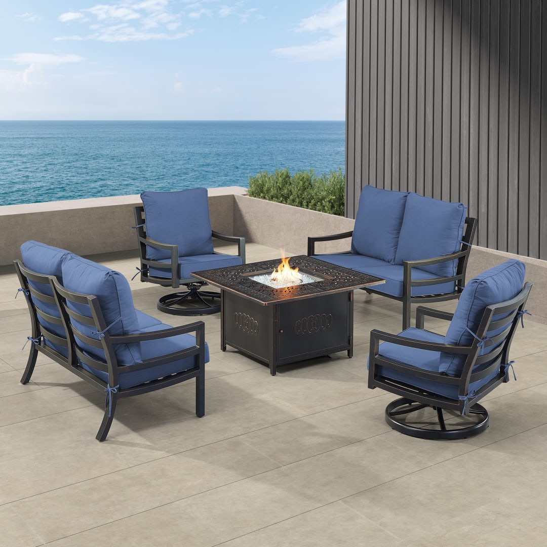 Black Aluminum Patio Fire Table Set with Two Deep Seating Loveseat with Cushions and Two Club Chairs