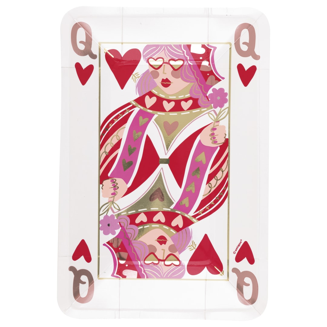 Red &amp; Pink Valentines Queen of Hearts 9" x 6" Appetizer Plates, 8ct - Foil Board