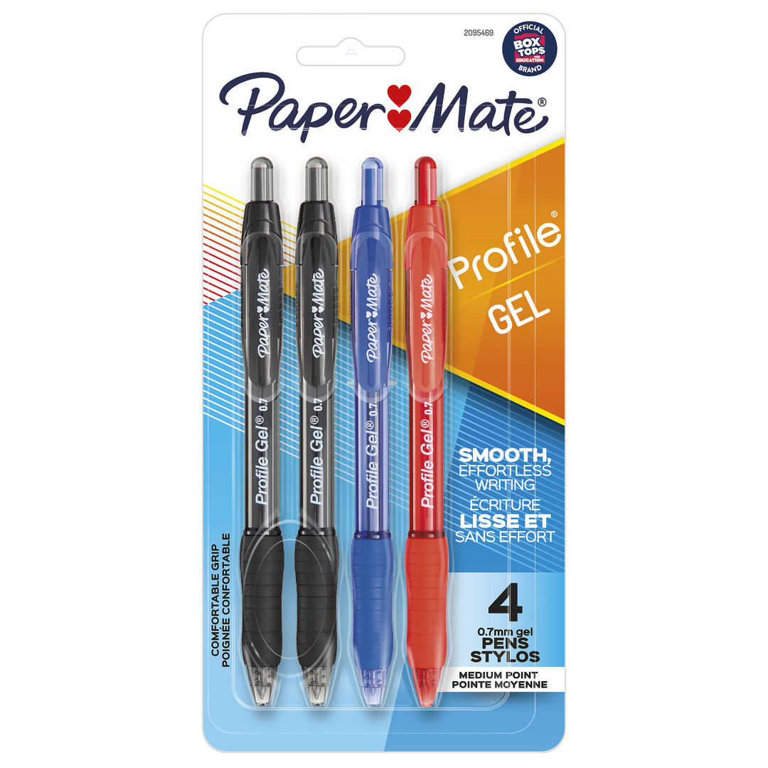 Stylos gel rétractables Profile de Paper Mate, pointe moyenne (0,7 mm), assortis, 4 unités