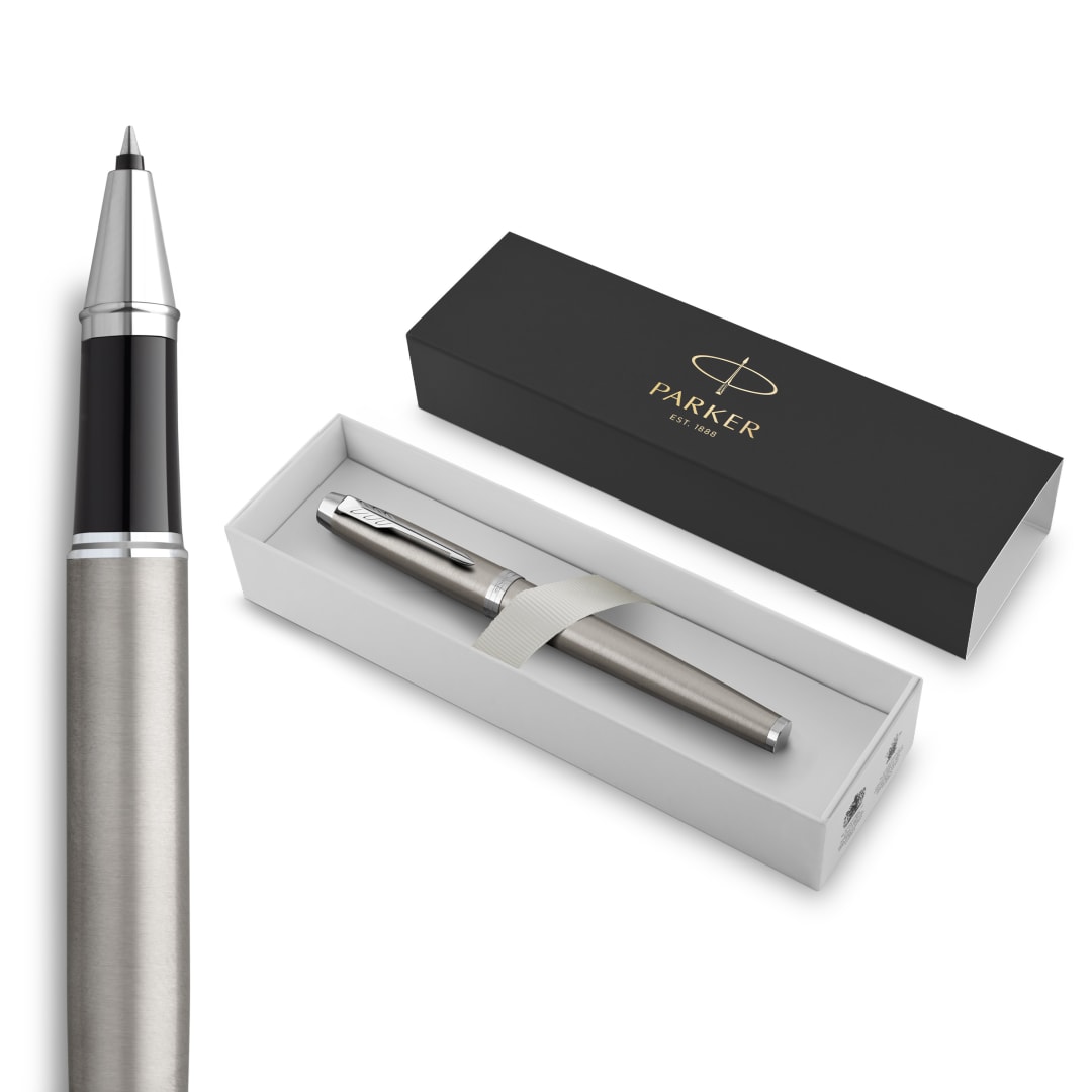 Parker Im Bolígrafo Roller, Acero Inoxidable Con Detalles Cromados, Punta Fina Con Tinta Negra, Caja Para Regalo