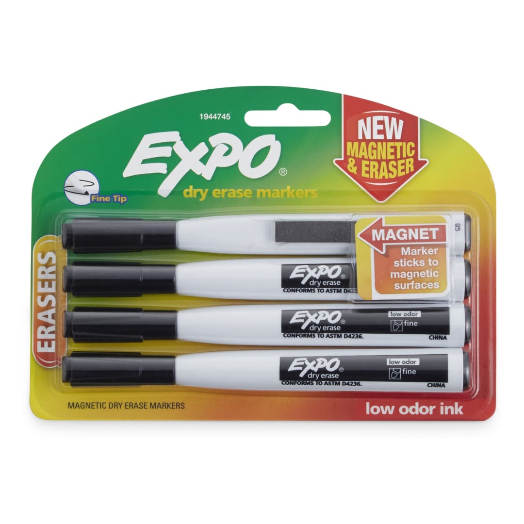 EXPO® Magnetic Dry Erase Markers with Eraser, Fine Tip, Black, 4 Count