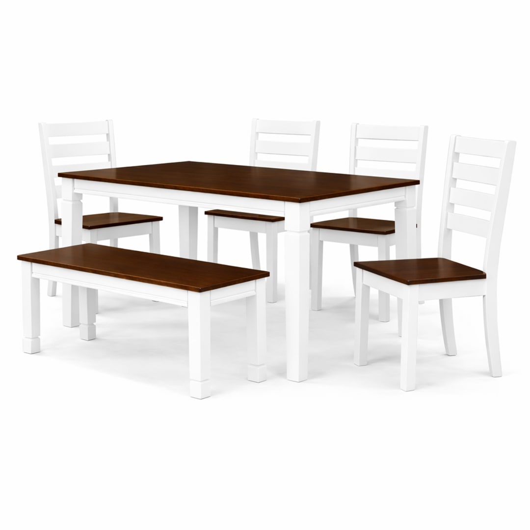 Traditional 6-Piece 59 Inch Rectangular Dining Set with Bench, Dirty Oak/White Finish, Solid Rubberwood