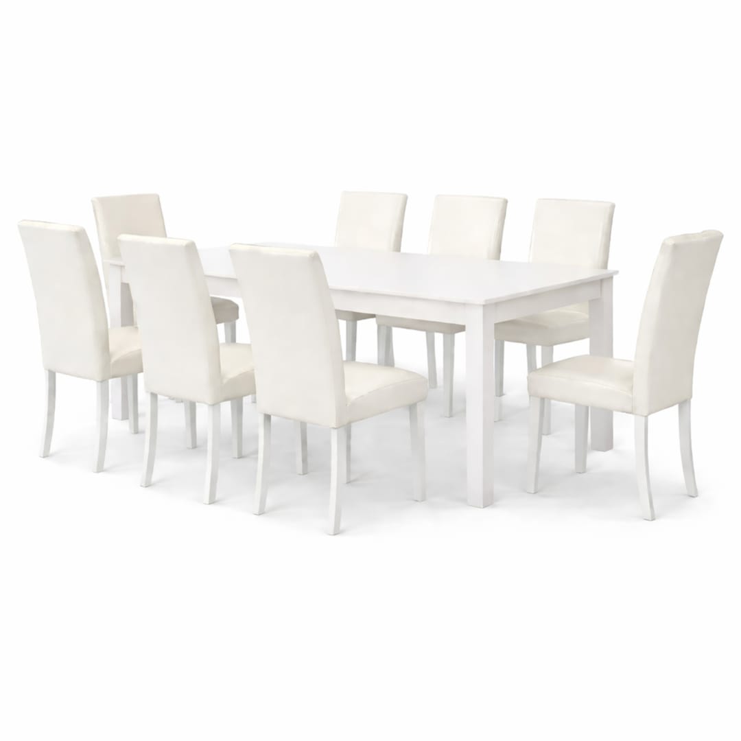 Modern 9-Piece 78.7 Inch Rectangular Dining Set, White Finish with White PU Leather Upholstered Chairs, Solid Rubberwood