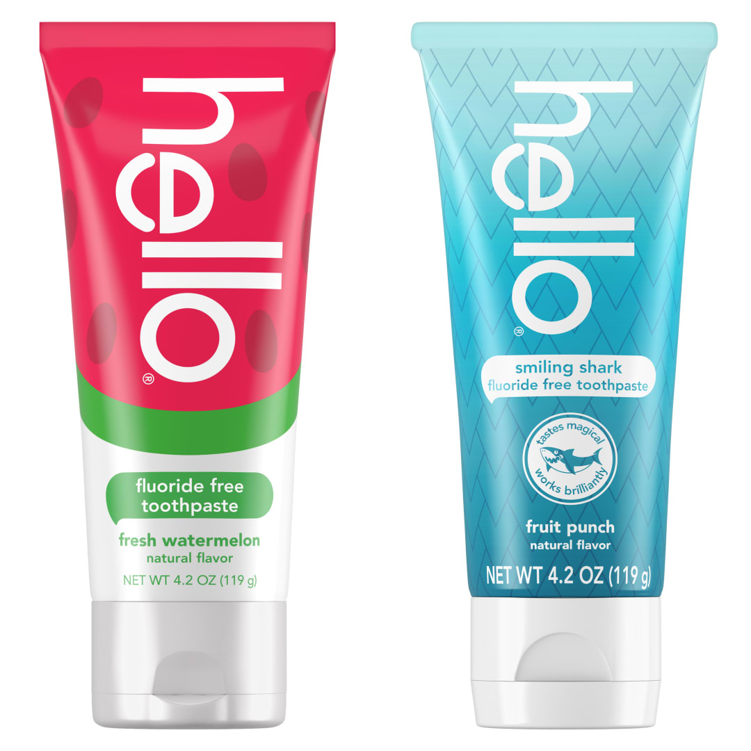hello Smiling Shark and Fresh Watermelon Fluoride Free Kids Toothpaste Pack, Includes 4.2 oz Smiling Shark Kids Fluoride Free Toothpaste and 4.2 oz Fluoride Free Fresh Watermelon Toothpaste