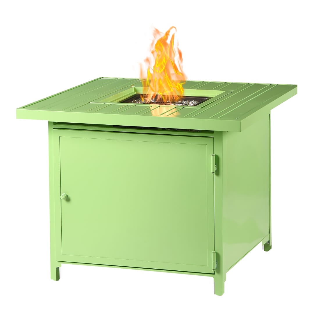 Square 32 in. x 32 in. Aluminum Propane Fire Pit Table with Glass Beads, Two Covers, Lid, 37,000 BTUs in Green Finish