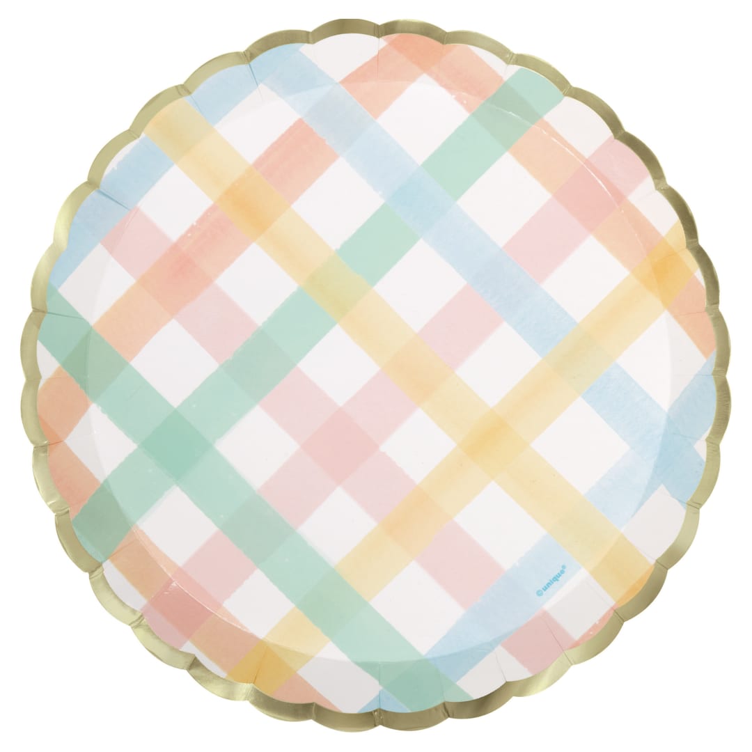 Pastel Plaid Scalloped 8.25" Plates, 8ct - Foil Stamping