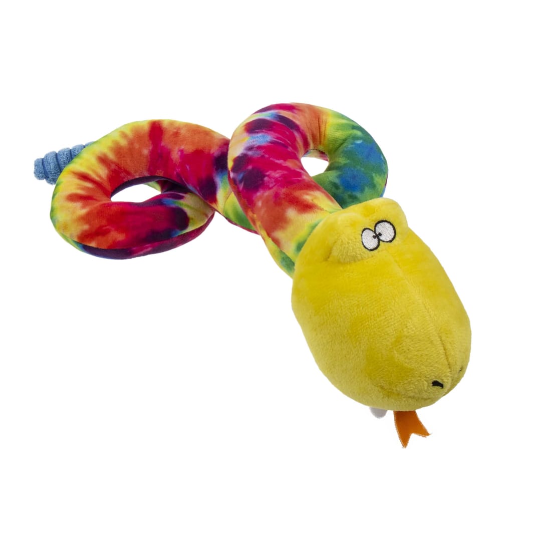 TrustyPup Silent 'N Slither Snake Ultrasonic Squeaky Plush Dog Toy With Chew Guard, Tie-Dye, Large