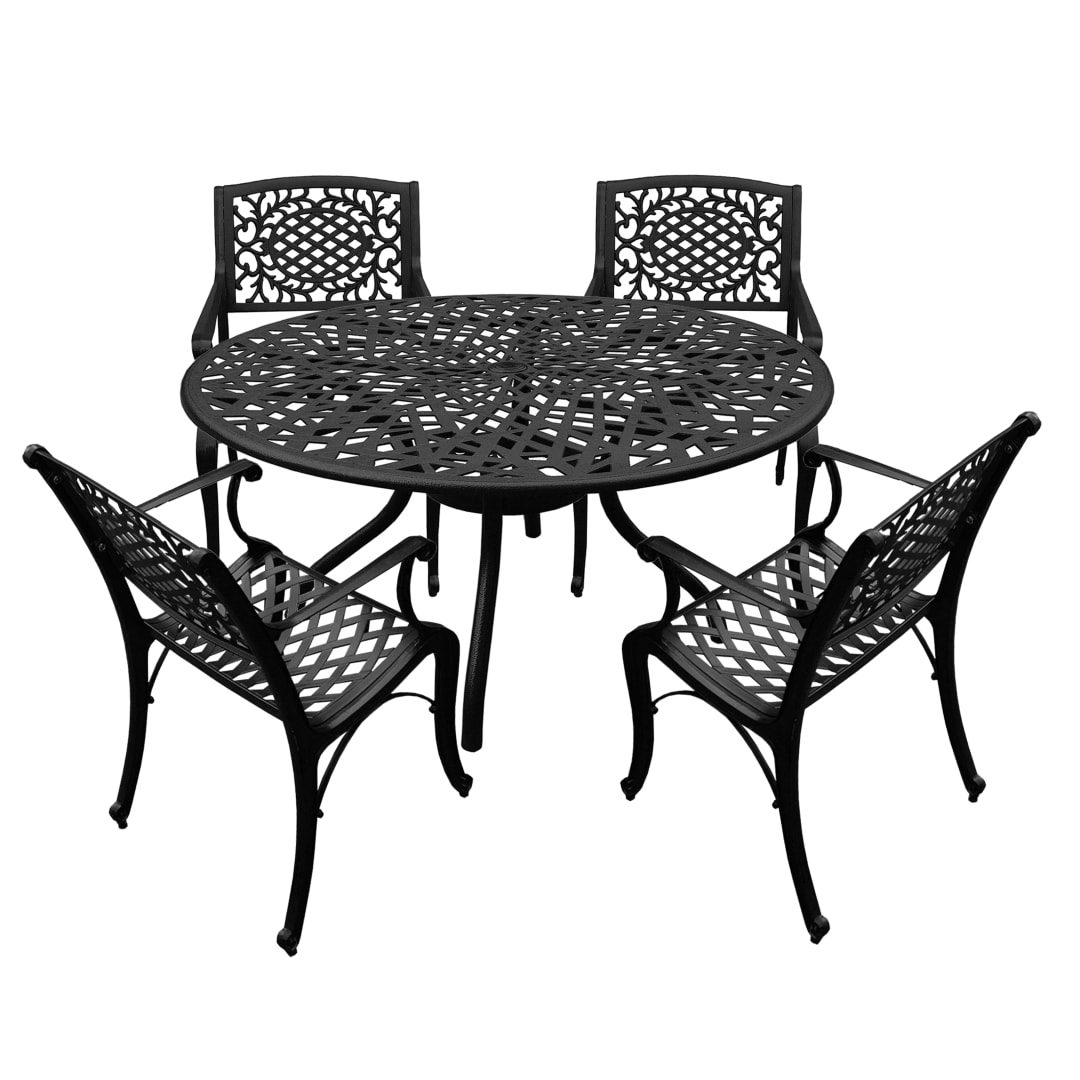 Modern Ornate Outdoor Mesh Aluminum 48-in Black Round Patio Dining Set with Four Chairs