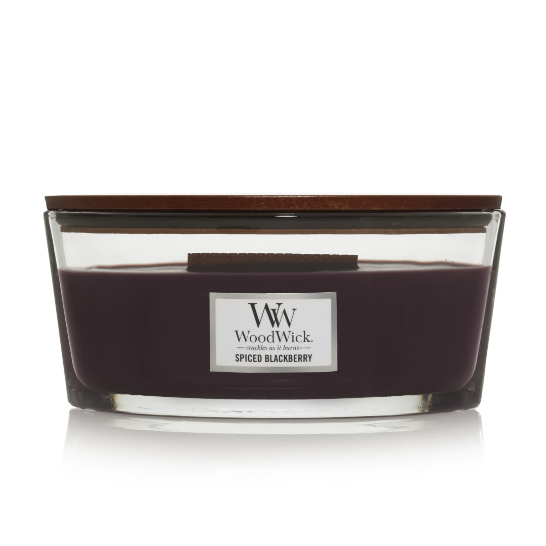 WoodWick vela perfumada en forma de elipse con llama HearthwickMora especiada