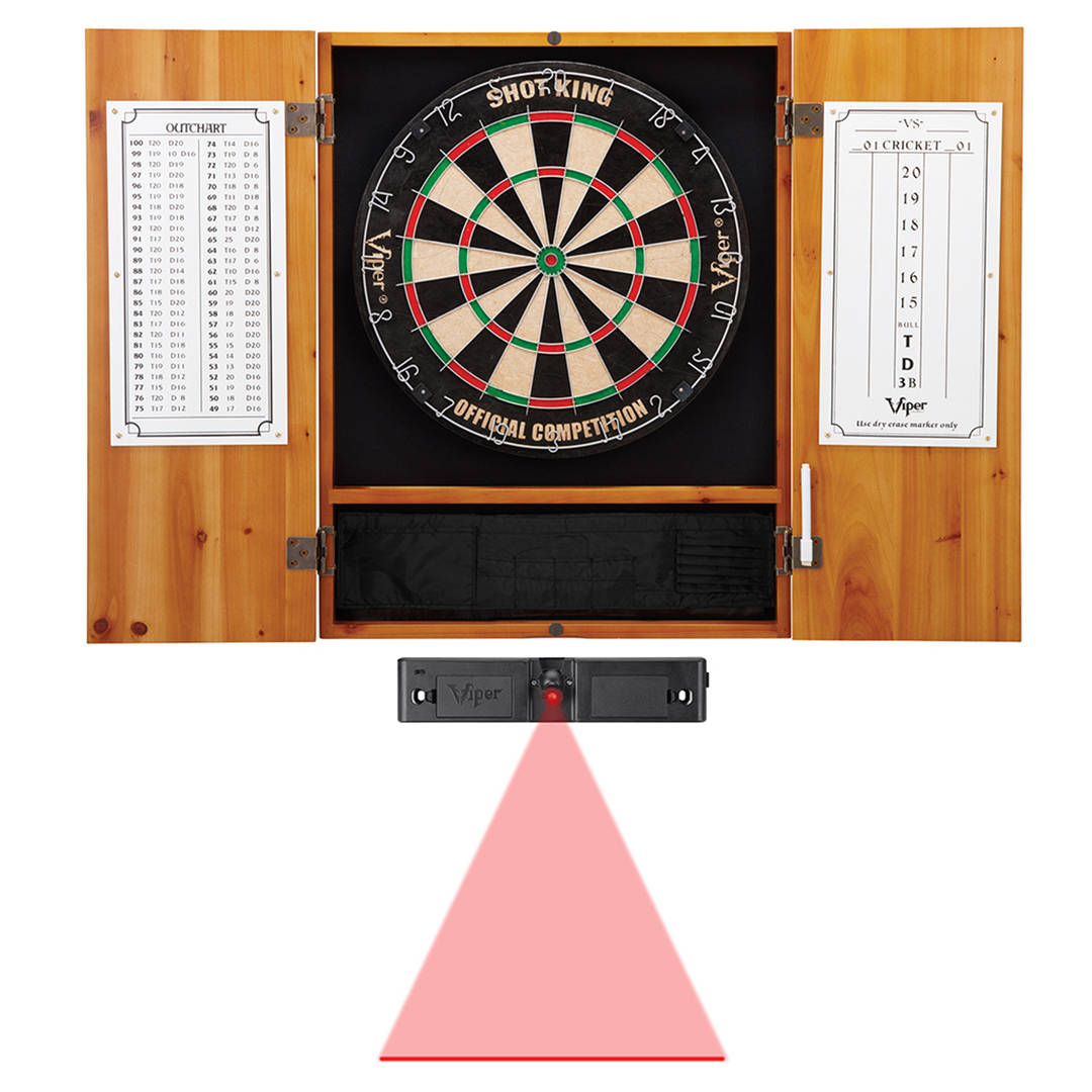 Viper Metropolitan Oak Steel Tip Dartboard Cabinet, Viper Shot King Bristle Dartboard, and Throw Line Light
