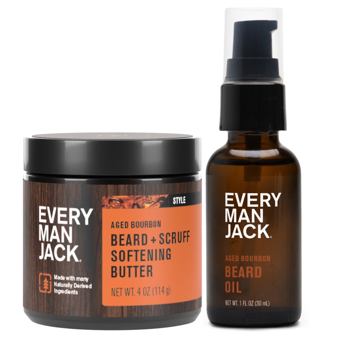 Every Man Jack Beard Oil & Beard Butter Bundle - Aged Bourbon Fragrance - Softens, Hydrates & Styles Dry Beards - Naturally Derived with Cocoa Butter and Shea Butter