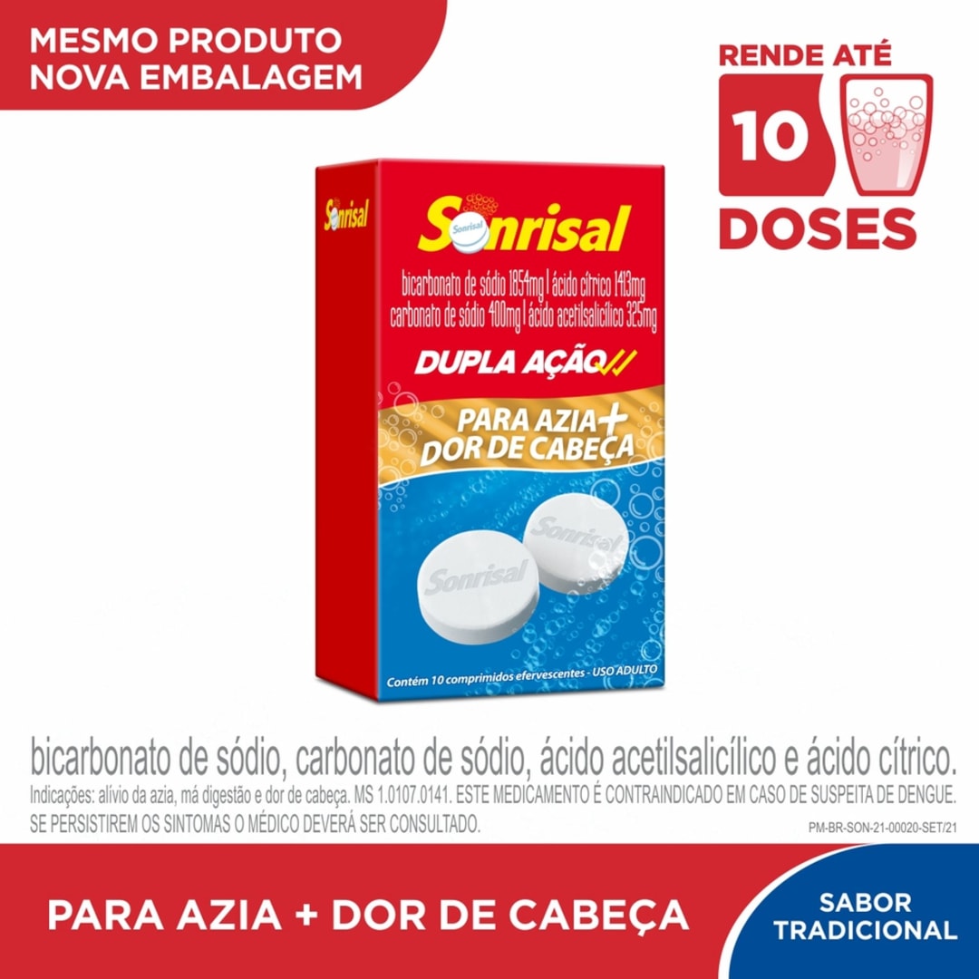 Sonrisal Tradicional Dupla Ação Antiácido e Analgésico para Alívio da Azia e Dor de Cabeça com 10 pastilhas