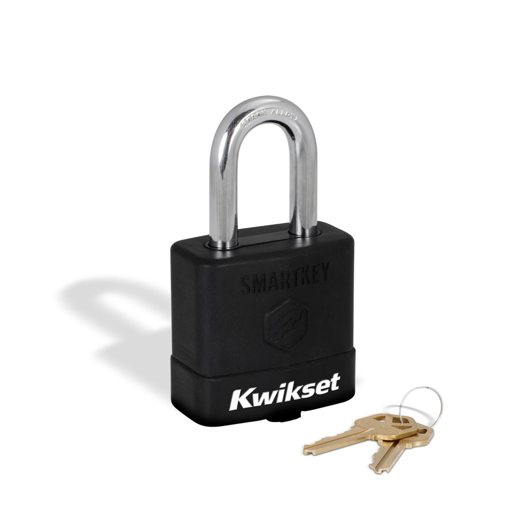 Kwikset SmartKey Re Keyable Laminated Steel Padlock with Boron Carbide Shackle, with Weather Cover, 2 in Body, 1-1/2 in Shackle, 1 Pack