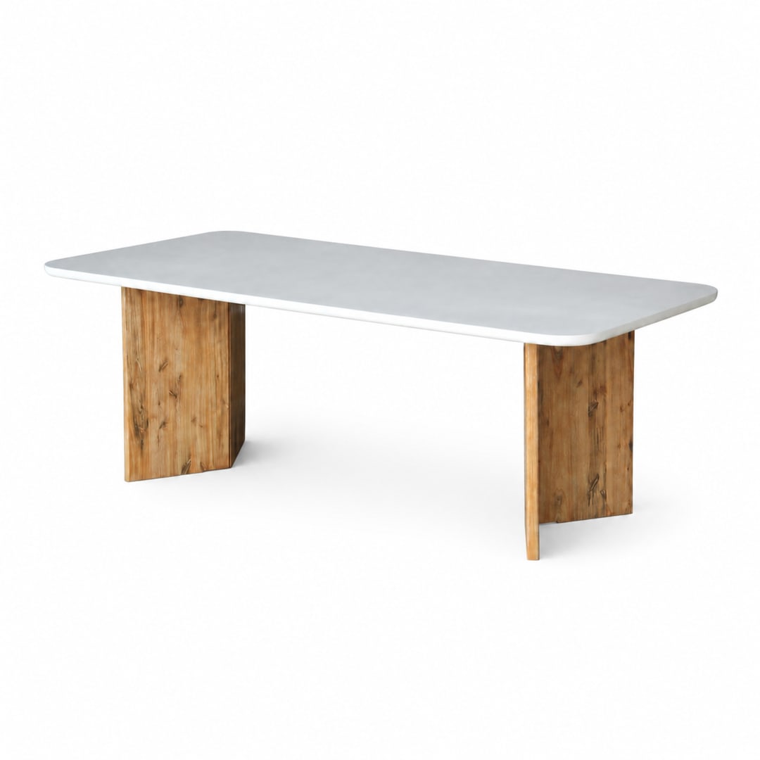 Modern Indoor/Outdoor Matte White 86.6" Rectangular Poly-Fiber Dining Table with Acacia Wood Legs