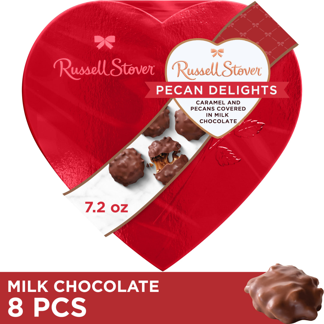 RUSSELL STOVER Valentine's Day Red Foil Heart Milk Chocolate Pecan Delights Candy Gift Box, 7.2 oz.