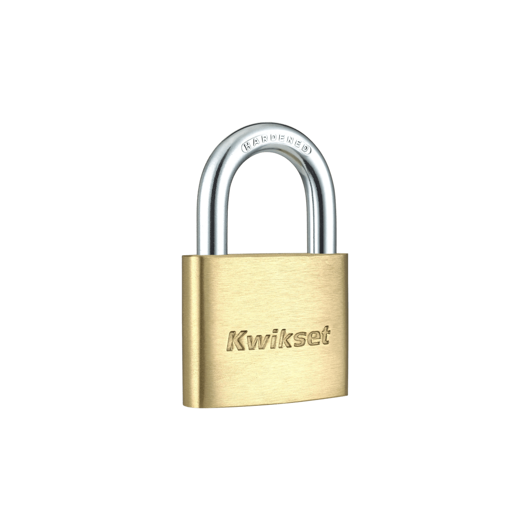 Kwikset Brass Padlock with Hardened Steel Shackle, 2 in Body, 1 in Shackle, 1 Pack