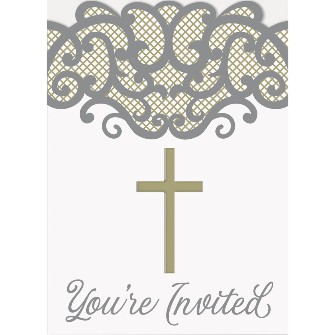 Fancy Gold Cross Invitations, 8ct