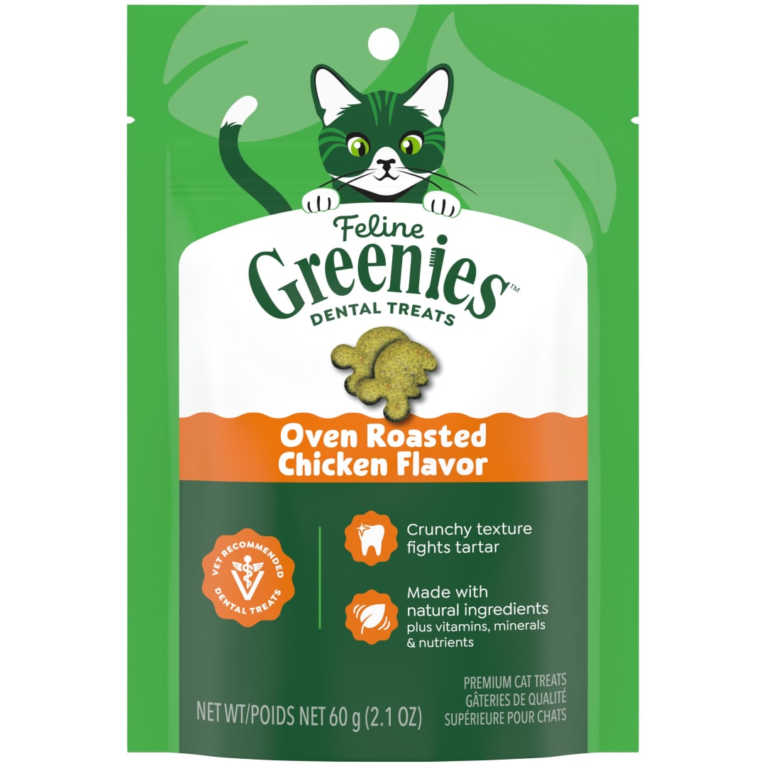 FELINE GREENIES Adult Natural Dental Care Cat Treats, Oven Roasted Chicken Flavor, 2.1 oz. Pouch