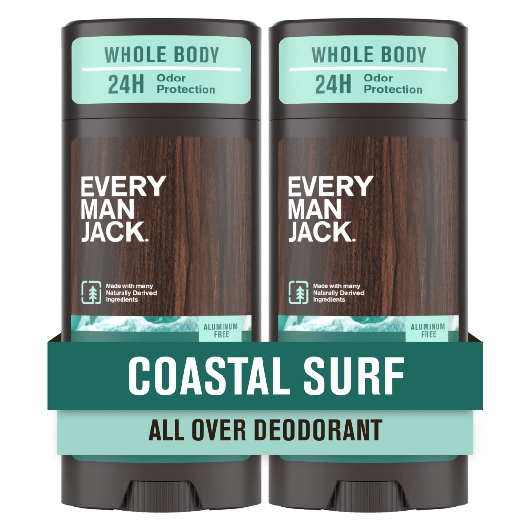 Every Man Jack All Over Deodorant - 24 Hour Whole Body Odor Protection - Aluminum Free - Coastal Surf Scent 2.6 oz (2 Pack)