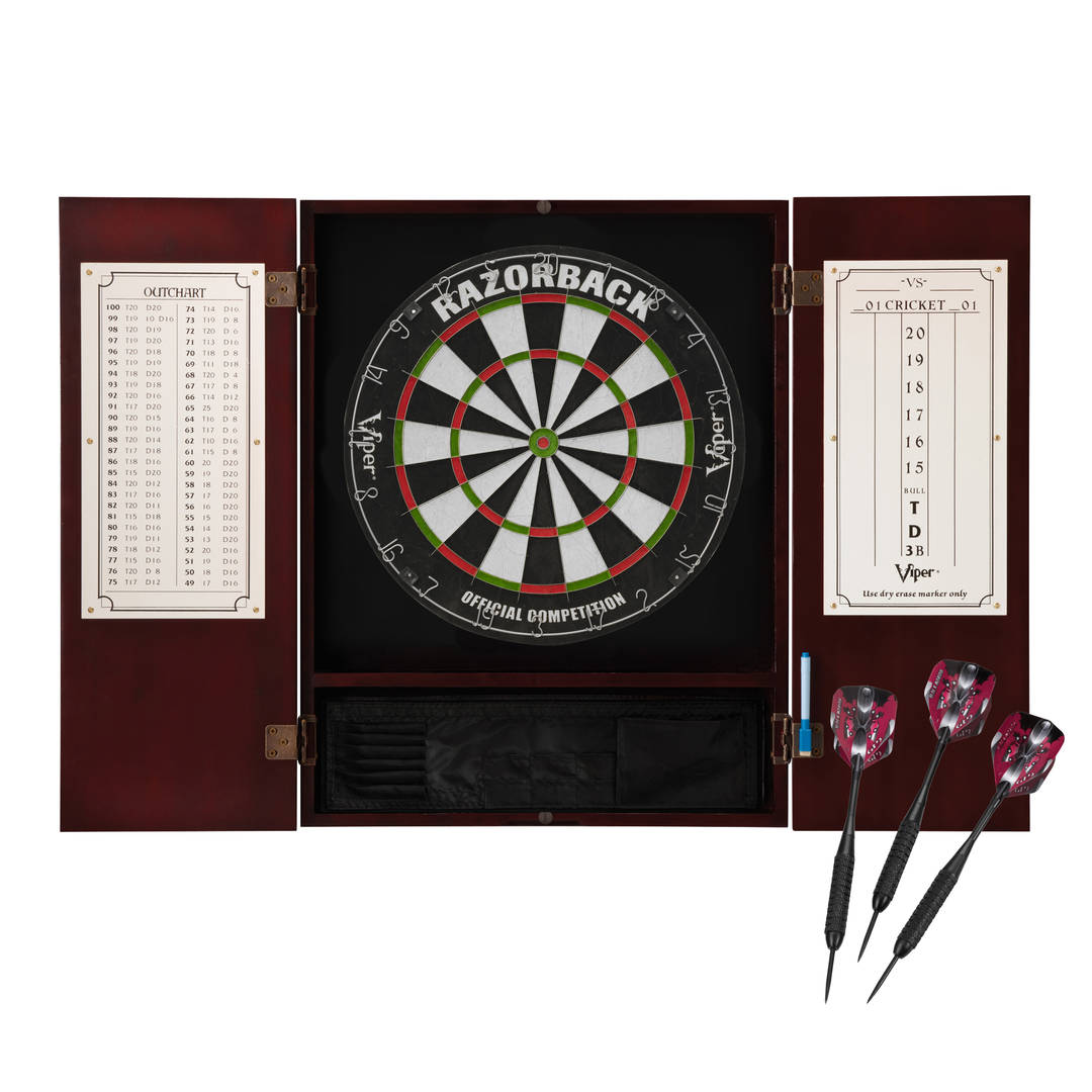 Viper Metropolitan Sisal Fiber Bristle Dartboard and Cabinet Bundle: Premium Set (Razorback Dartboard and Darts), Mahogany Finish
