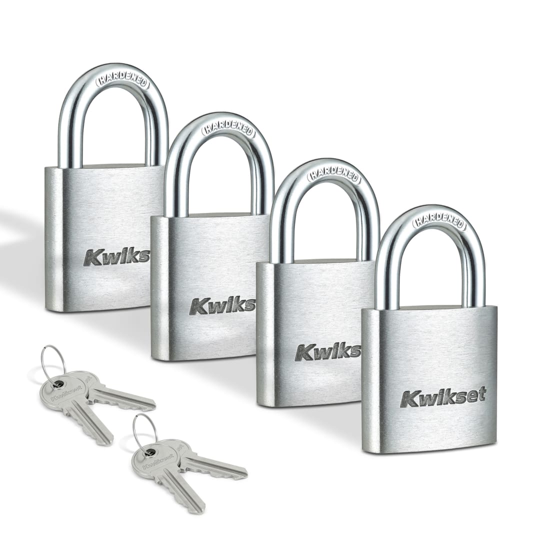 Kwikset Aluminum Padlock with Hardened Steel Shackle, 1-1/4 in Body, 5/8 in Shackle, 4 Pack