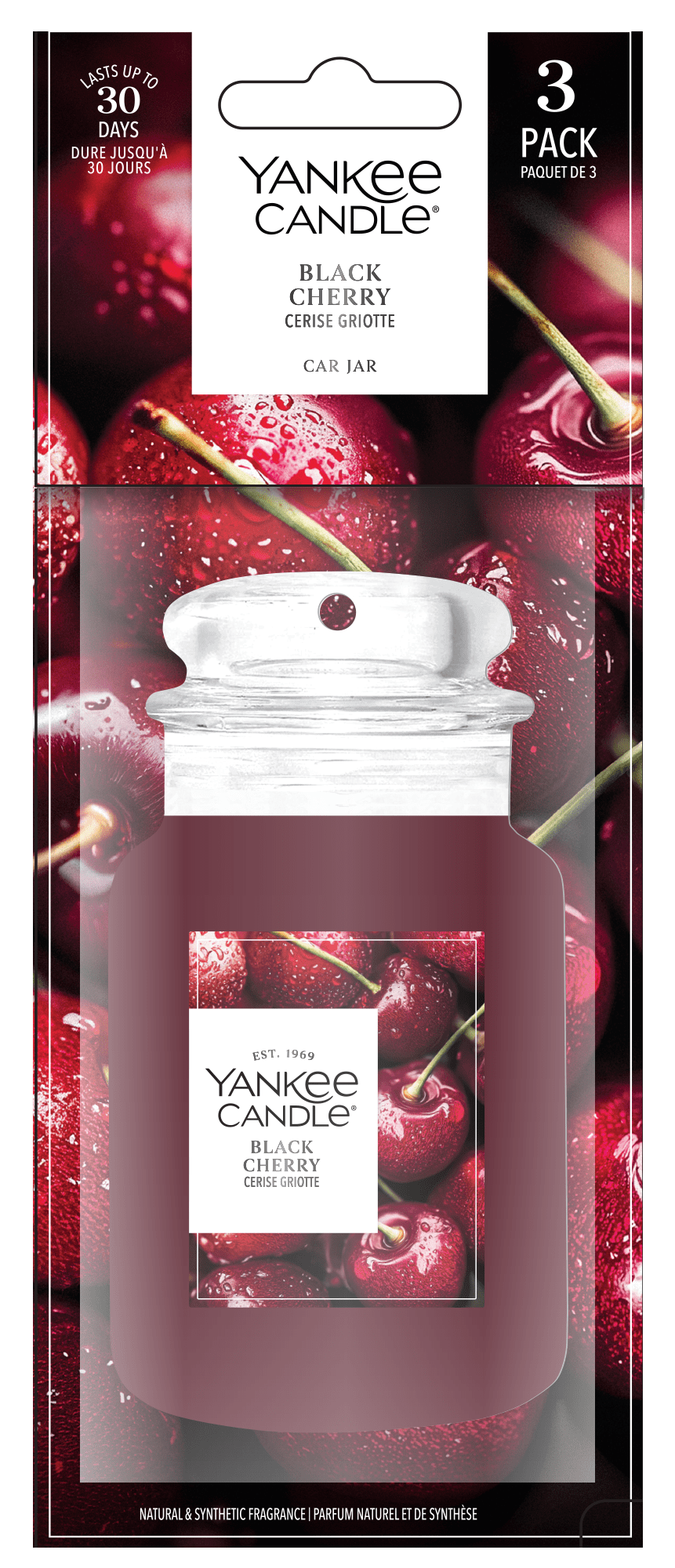 Yankee Candle Car Jar ambientador | Cereza Negra | Para coches y pequeños espacios en casa | Hasta 30 días | Paquete de 3
