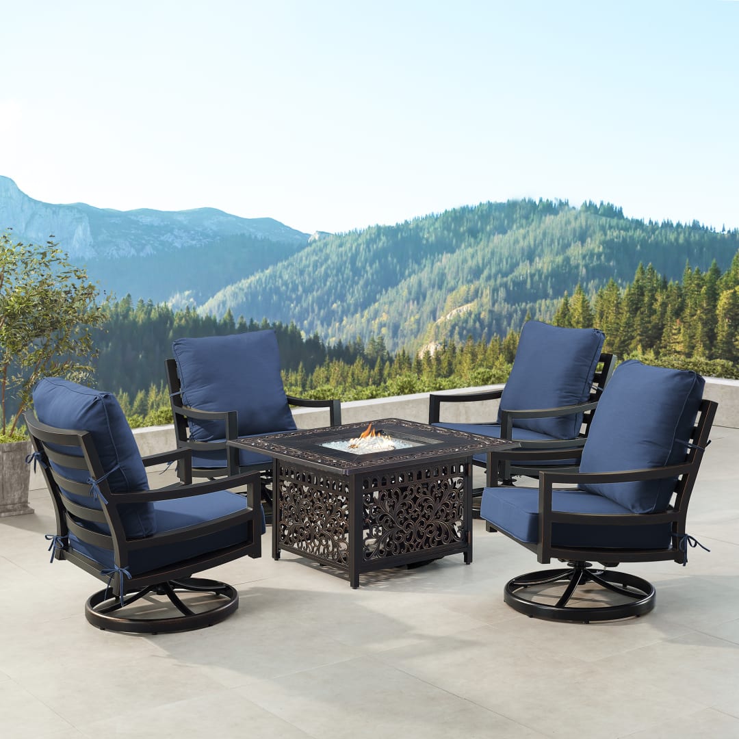 Black Aluminum Patio Fire Table Set with Four Club Chairs