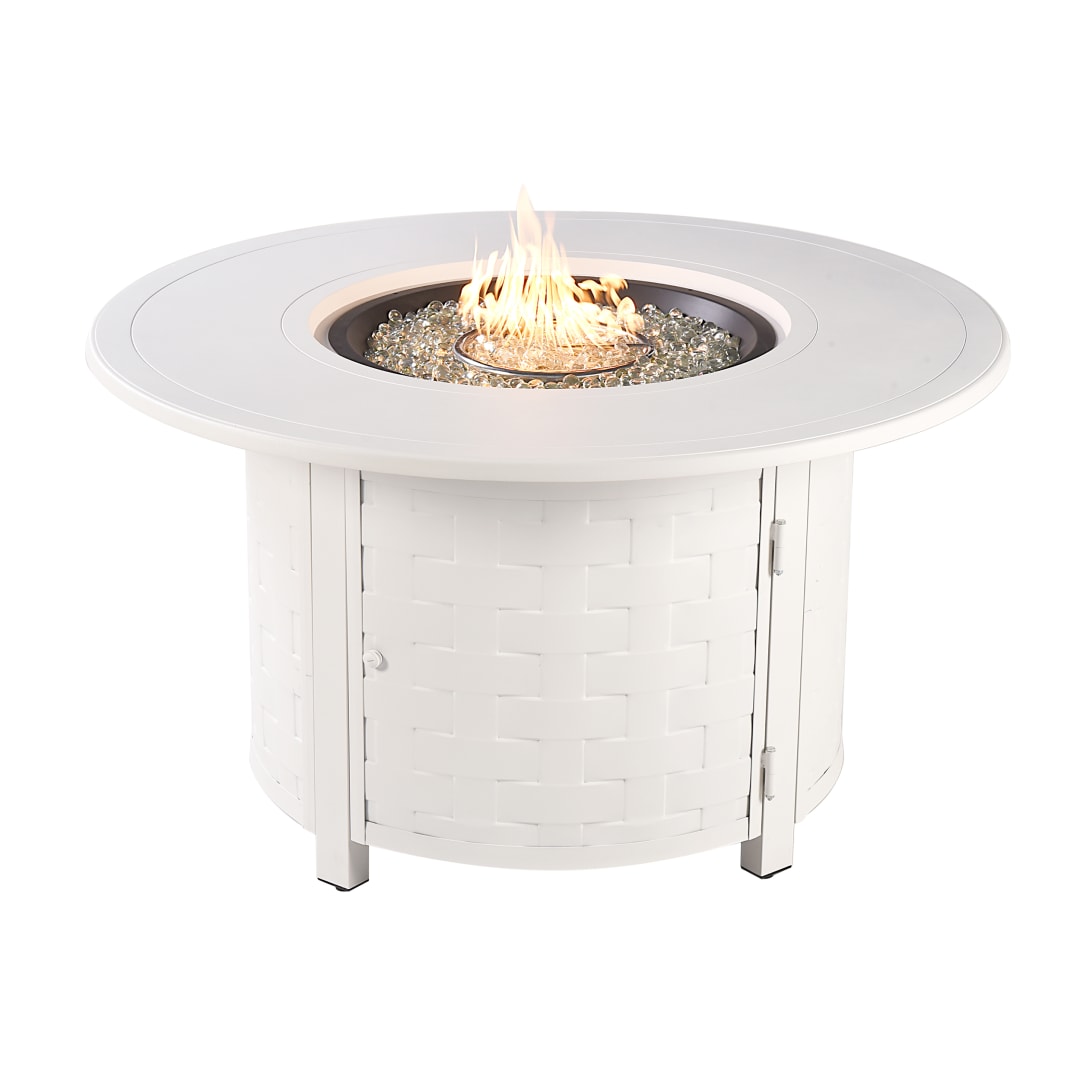 Round 44 in. x 44 in. Aluminum Propane Fire Pit Table with Glass Beads, Two Covers, Lid, 55,000 BTUs in White Finish