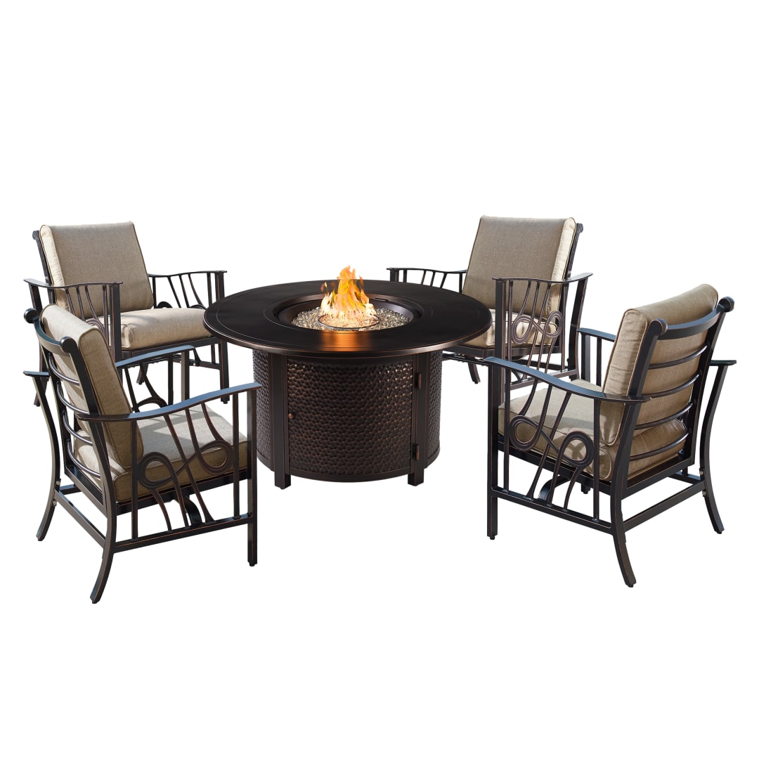 Aluminum 44-in Round Antique Copper Fire Table Set with Four Deep Seating Rocking Chairs, Fire Beads, Lid, Propane Tank Cover and Table Fabric Covers