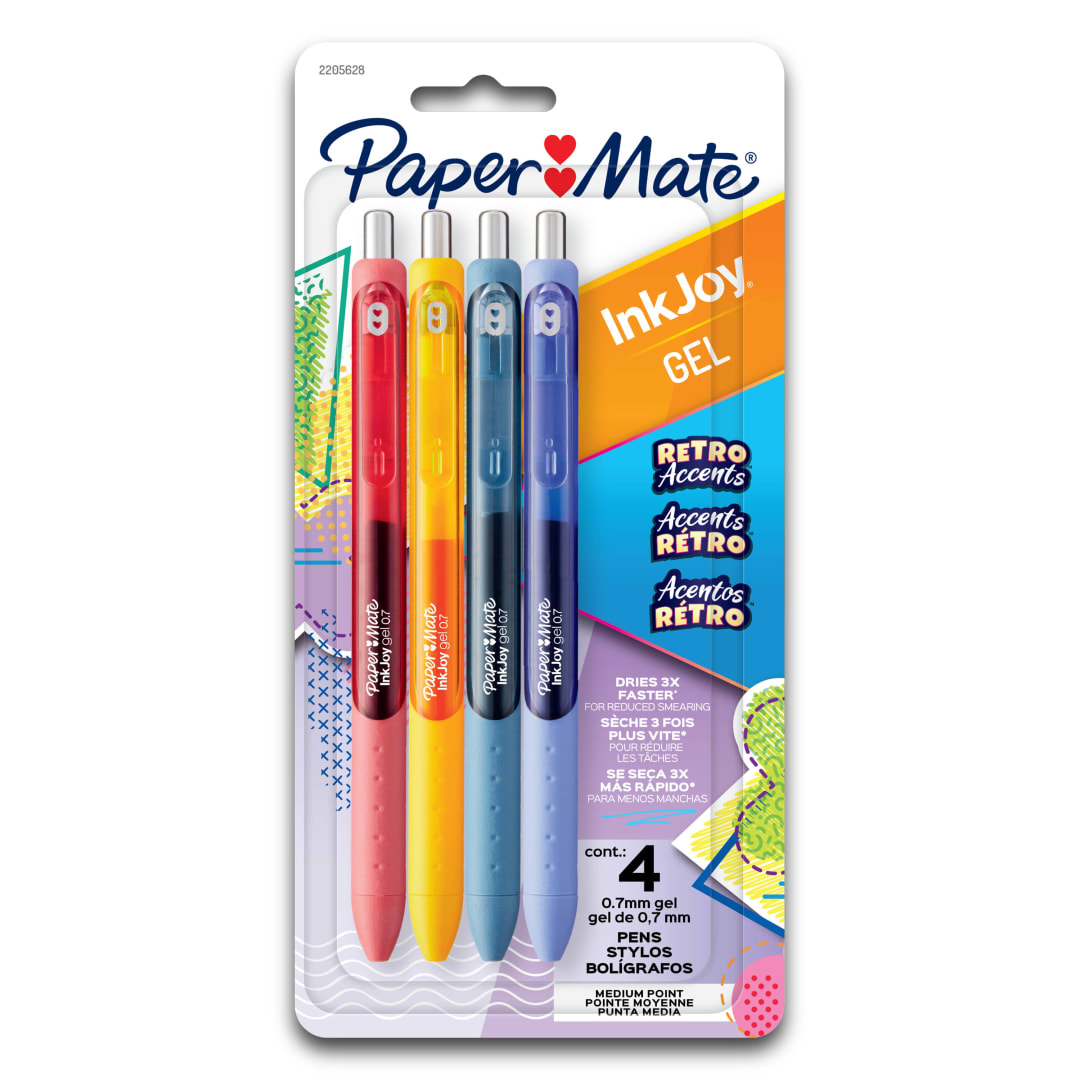 Stylos gel Paper Mate InkJoy, couleurs aux accents rétro, pointe moyenne (0,7 mm), rétractables, 4 unités