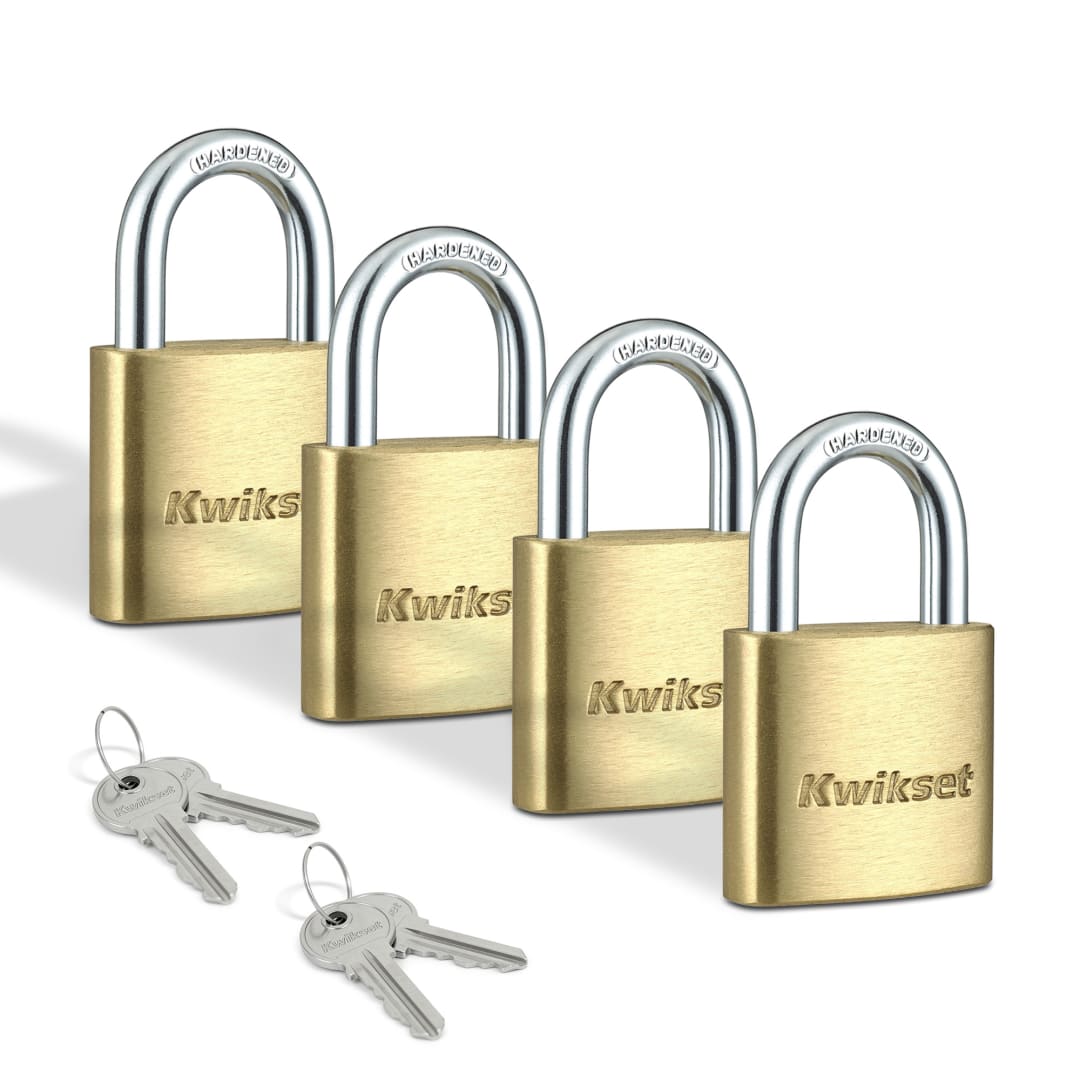 Kwikset Brass Padlock with Hardened Steel Shackle, 1-3/16 in Body, 5/8 in Shackle, 4 Pack