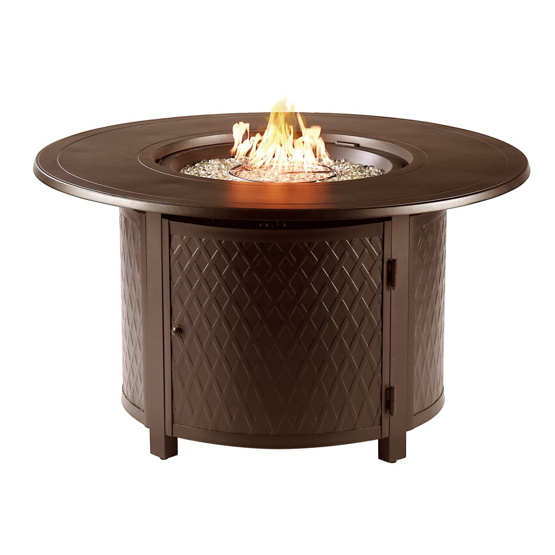 Round 44 in. x 44 in. Aluminum Propane Fire Pit Table with Glass Beads, Two Covers, Lid, 55,000 BTUs in Brown Finish