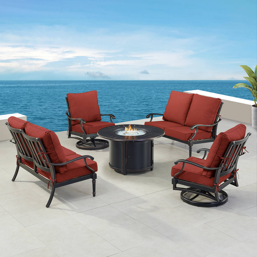 Black Aluminum Patio Fire Table Set with Two Deep Seating Loveseat with Cushions and Two Club Chairs