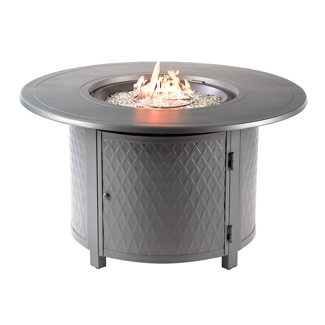 Round 44 in. x 44 in. Aluminum Propane Fire Pit Table with Glass Beads, Two Covers, Lid, 55,000 BTUs in Grey Finish