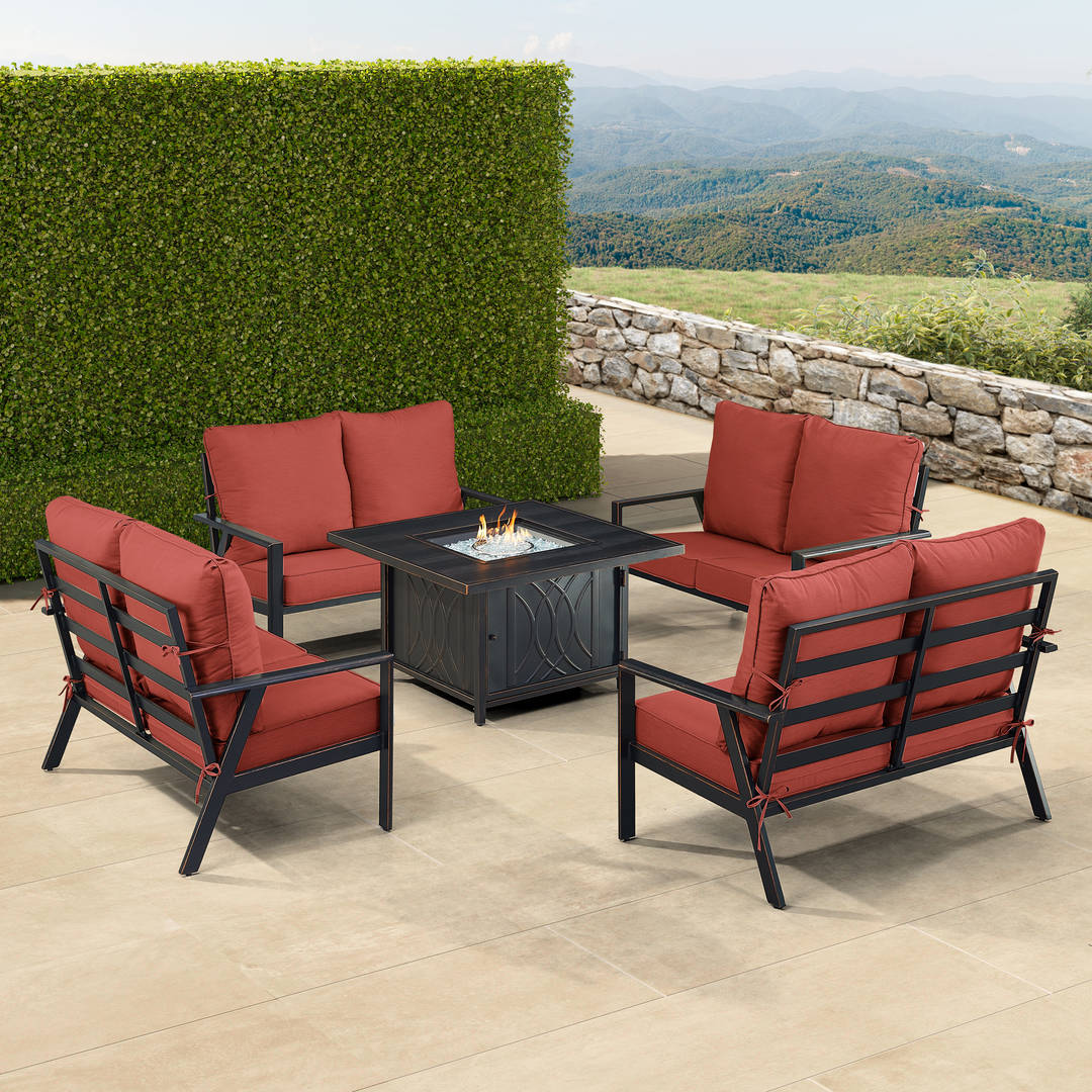Black Aluminum Patio Fire Table Set with Four Deep Seating Loveseats with Cushions