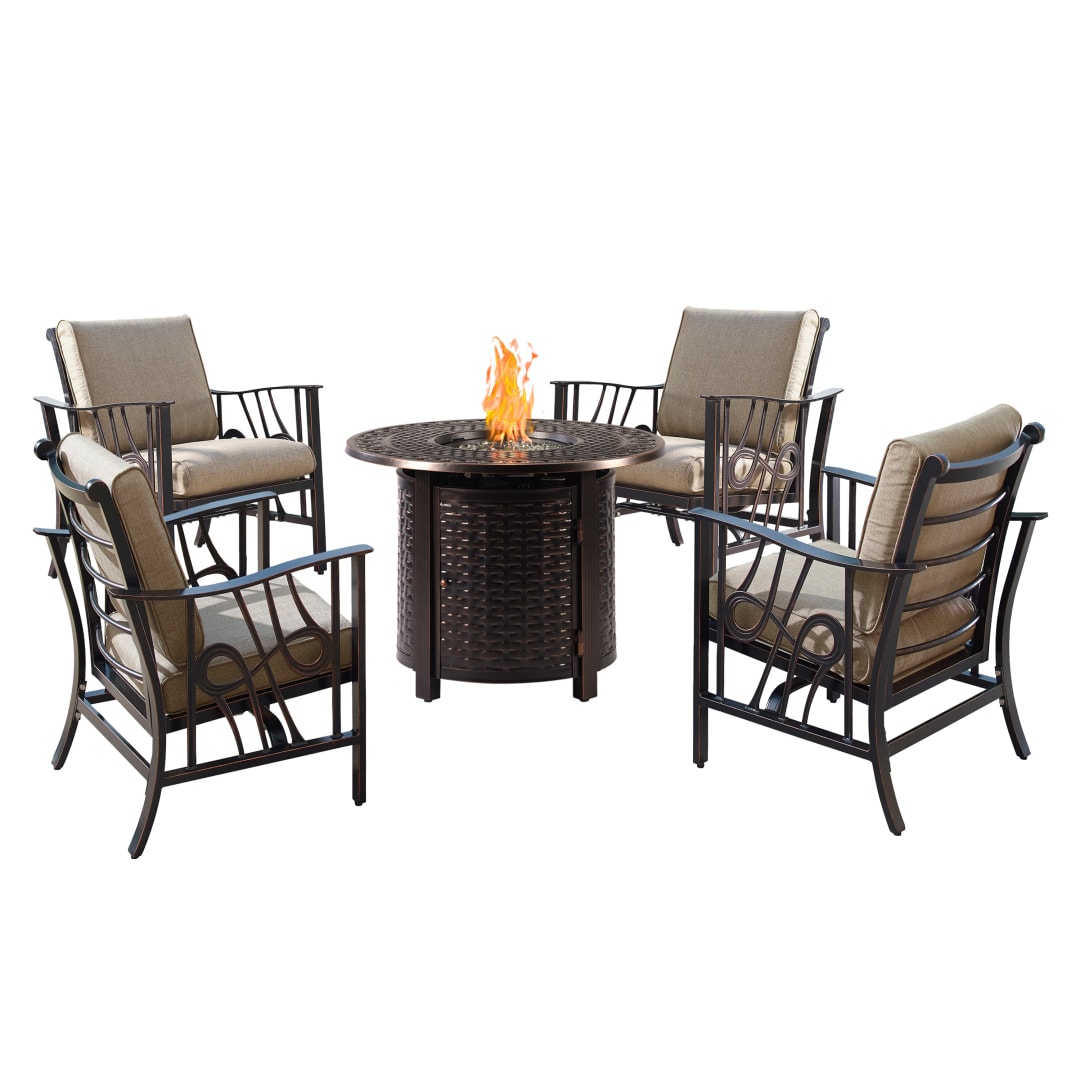 Aluminum 34-in Round Antique Copper Fire Table Set with Four Deep Seating Rocking Chairs, Fire Beads, Lid, Propane Tank Cover and Table Fabric Covers