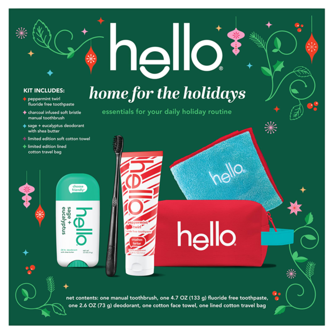 hello Home for the Holidays Travel Toiletry Bag Kit with Fluoride Free Toothpaste and Aluminum Free Deodorant